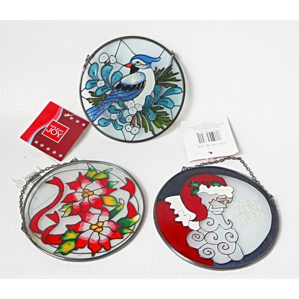 3 Vintage Christmas Suncatchers Reverse Painting on Glass Santa Poinsettias Blue
